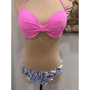Victoria's Secret Bikini Set Womens M Pink Paisley Ruffle Cheeky Halter Padded
